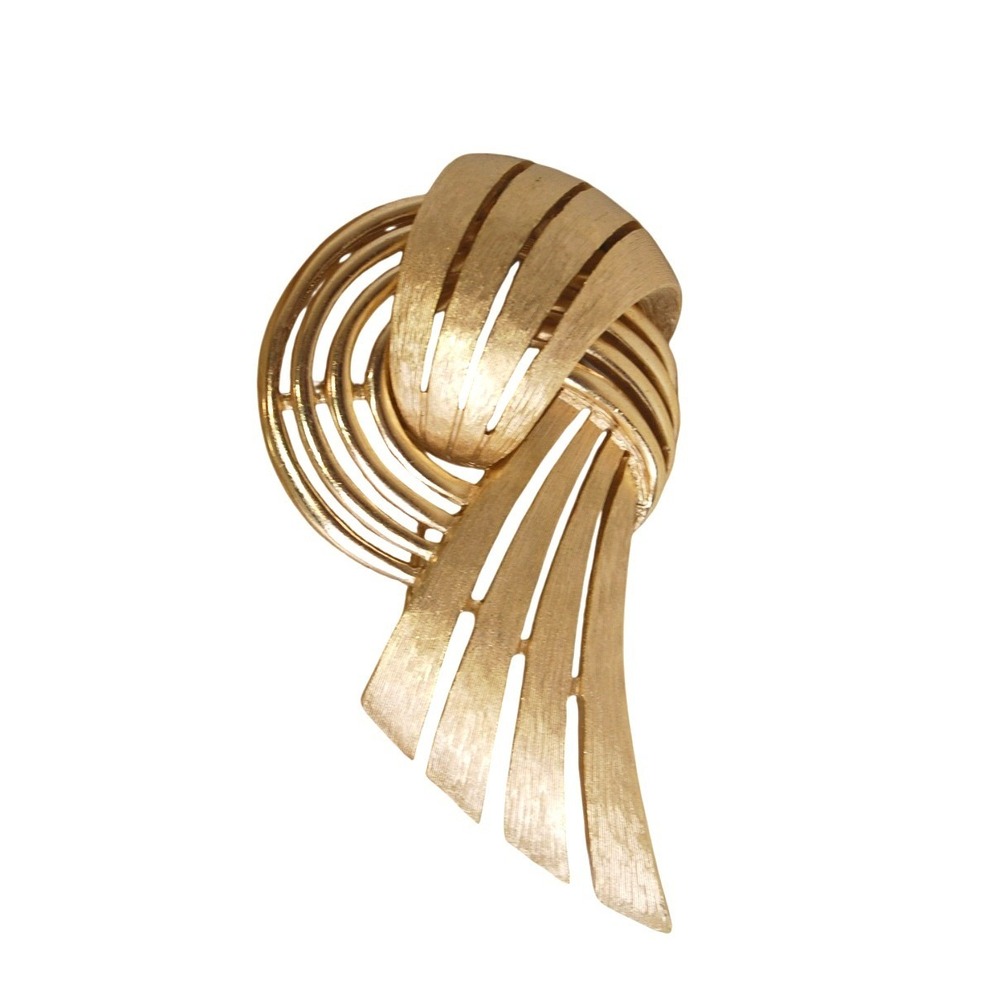 Vintage‎ Crown Trifari Bow Brooch Signed Gold tone Swirl Ribbon Granny MCM Pin